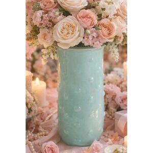 Vintage Hoosier Art Glass Flower Vase Tiffany Blue Hobnail Dimpled 8.5"x4" MCM